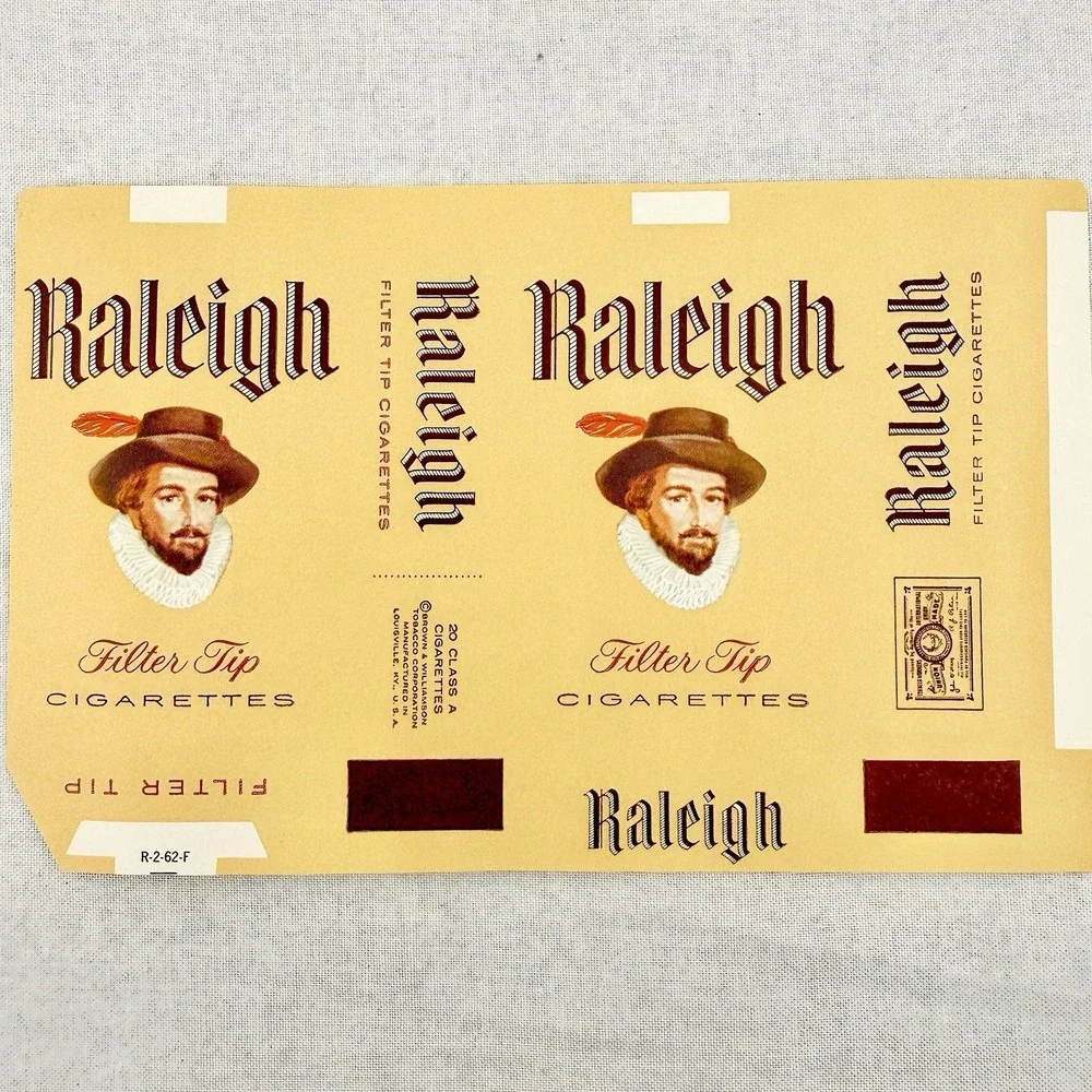 Vintage Raleigh Cigarettes Packaging Label 1960s Filter Tip Soft Pack Paper